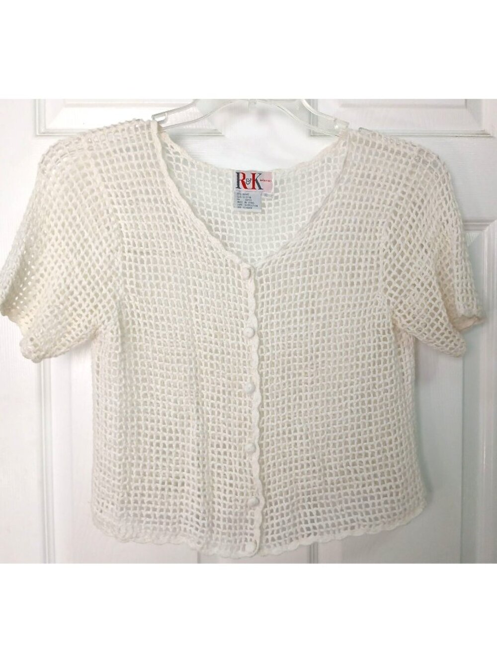VTG R&K Originals Top Sz 10 White Mesh Crochet Button Front Short Sleeve #I-9